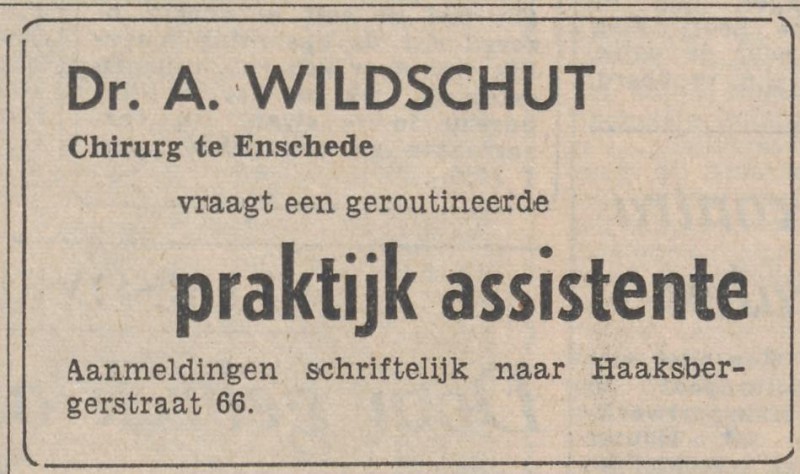 Haaksbergerstraat 66 Dr. A. Wildschut chirurg advertentie Tubantia 17-10-1962.jpg