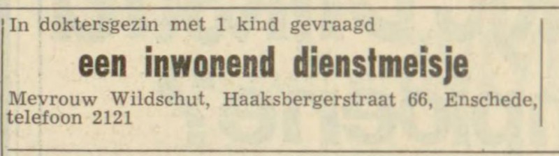 Haaksbergerstraat 66 Mevr. Wildschut advertentie Leeuwarder Courant 9-3-1962.jpg