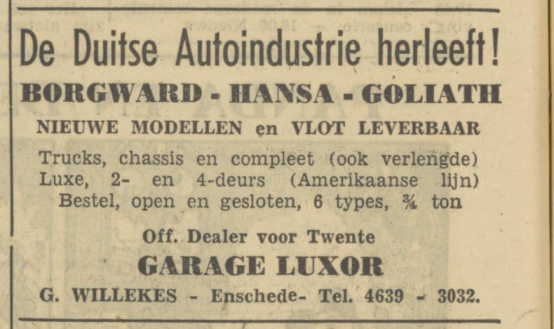 Garage Luxor G. Willekes Telf. 3032 en 4639. advertentie Tubantia 10-6-1950.jpg