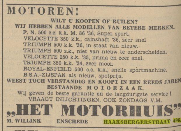 Haaksbergerstraat 496 H. Willink Het Motorhuis advertentie Tubantia 29-1-1938.jpg