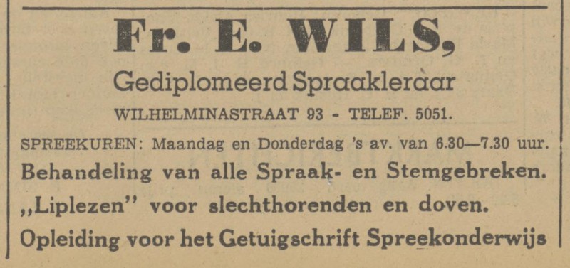 Wilhelminastraat 93 Fr.E. Wils spraakleraar advertentie Tubantia 28-9-1940.jpg