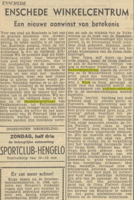 Haaksbergerstraat 95 tussen Getfertweg en Wooldriksweg Fa. Wed. J. Wink en Zoon toonkamers grafmonumenten krantenbericht Tubantia 15-10-1949.jpg