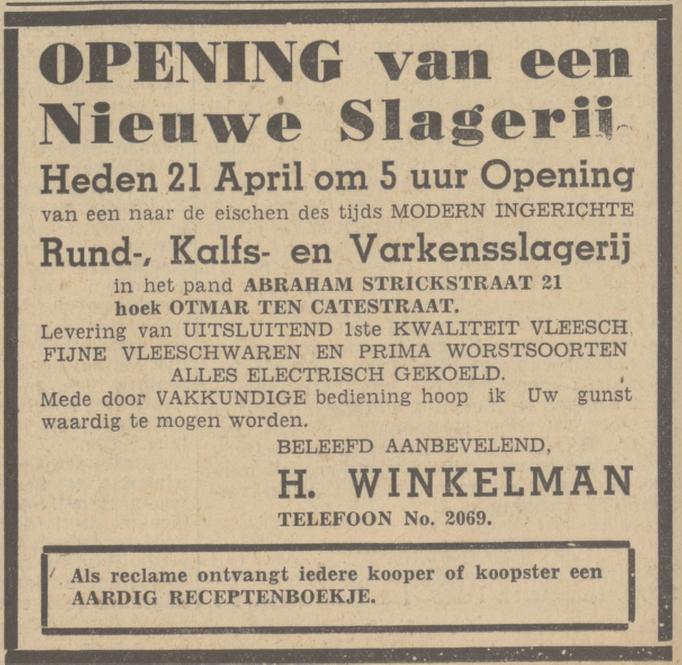 Abraham Strickstraat 21 hoek Othmar ten Catestraat slagerij H. Winkelman advertentie Tubantia 21-4-1939.jpg