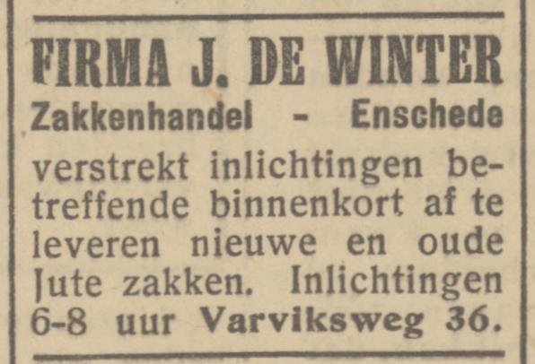 Varviksweg 36 Firma J. de Winter zakkenhandel advertentie Het Parool 16-7-1945.jpg