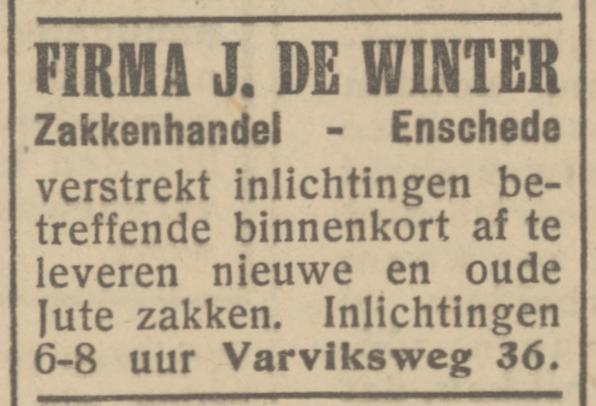 Varviksweg 36 Firma J. de Winter zakkenhandel advertentie Het Parool 16-7-1945.jpg
