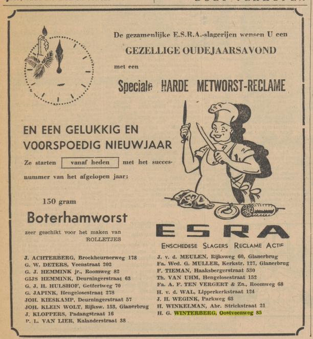 Oostveenweg 85 ESRA slagerij H.G. Winterberg advertentie Tubantia 28-12-1956.jpg