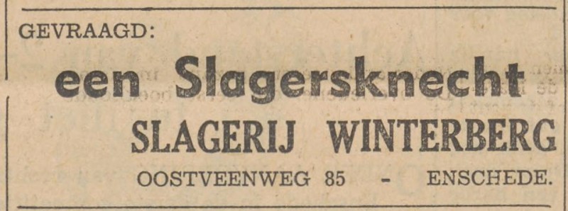 Oostveenweg 85 slagerij Winterberg advertentie Tubantia 7-9-1953.jpg