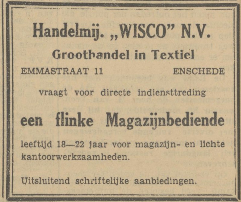 Emmastraat 11 Handelmij Wisco N.V. advertentie Tubantia 27-2-1951.jpg