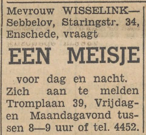 M.H. Tromplaan 39 Mevr. Wisselink advertentie Tubantia 25-6-1954.jpg