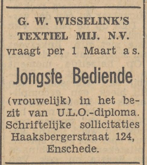 Haaksbergerstrat 124 G.W. Wisselink's Textielmij advertentie Tubantia 26-1-1953.jpg