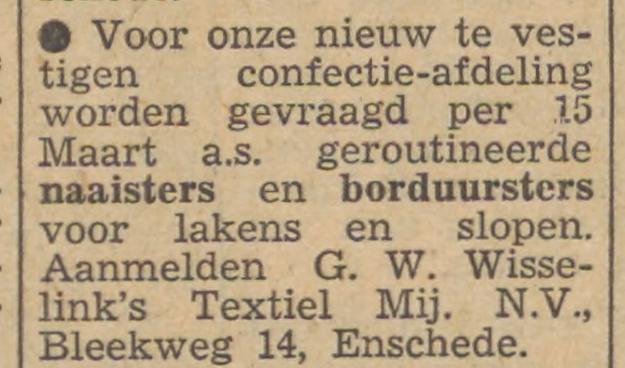 Bleekweg 14 G.W. Wisselink's Textielmij N.V. advertentie Tubantia 17-2-1955.jpg