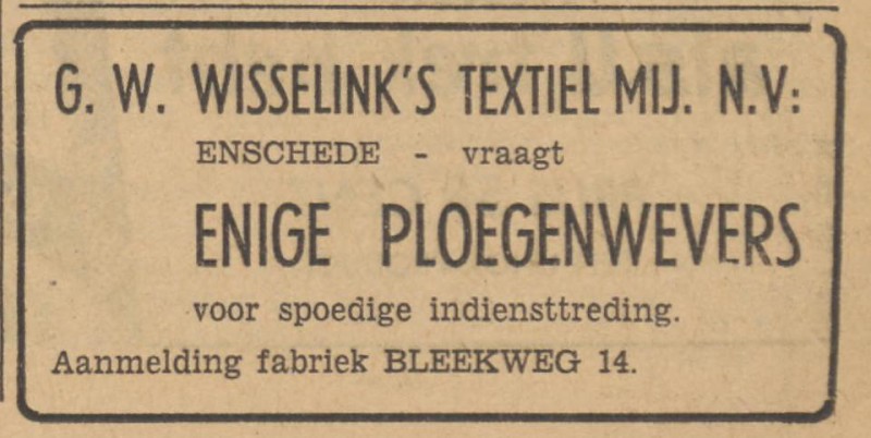 Bleekweg 14 G.W. Wisselink's Textielmij N.V. advertentie Tubantia 13-8-1954.jpg