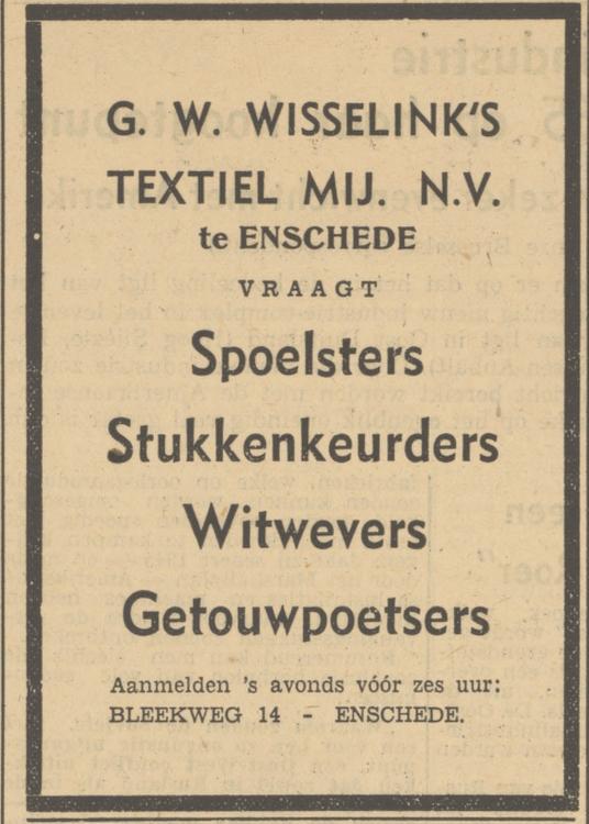 Bleekweg 14 G.W. Wisselink's Textielmij N.V. advertentie Tubantia 1-9-1950.jpg