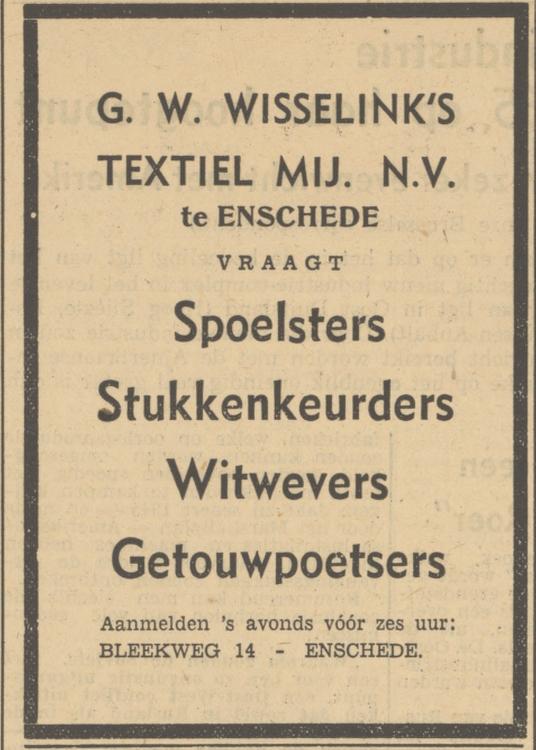 Bleekweg 14 G.W. Wisselink's Textielmij N.V. advertentie Tubantia 1-9-1950.jpg