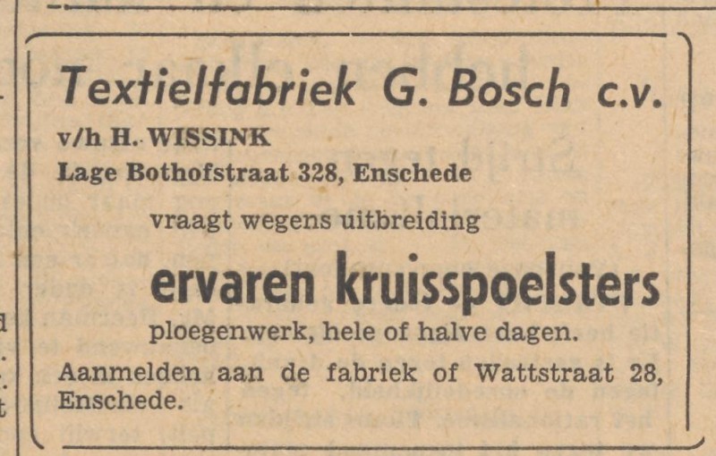 Lage Bothofstraat 328 Textielfabriek G. Bosch C.V. v.h. H. Wissink advertentie Tubantia 7-1-1960.jpg