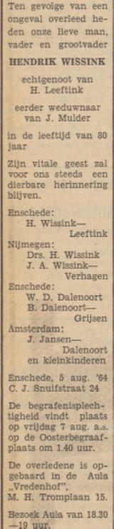 C.J. Snuifstraat 24 H. Wissink overlijdensadvertentie Tubantia 5-8-1964.jpg