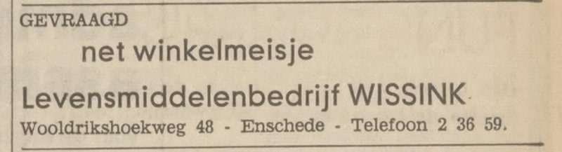 Wooldrikshoekweg 48 Levensmiddelenbedrijf Wissink advertentie Tubantia 10-8-1968.jpg