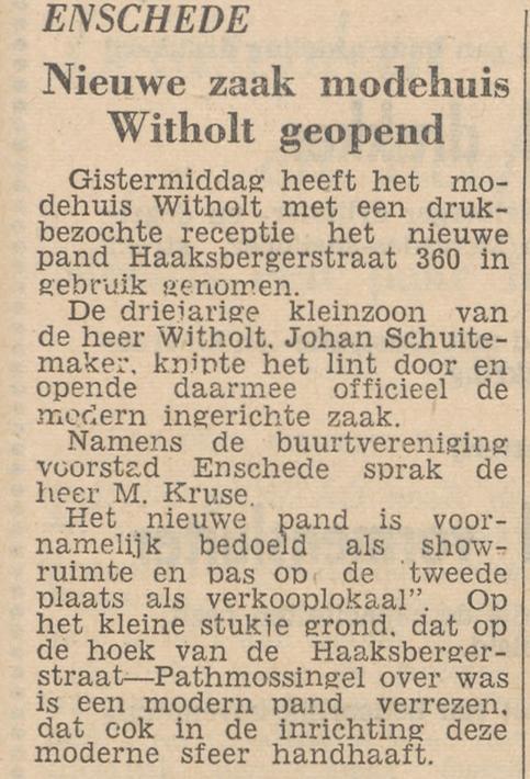 Haaksbergerstraat 360 modehuis Witholt krantenbericht Tubantia 16-3-1957.jpg