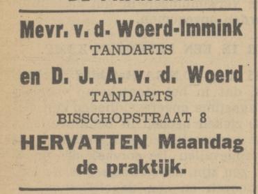 Bisschopstraat 8 Mevr. v.d. Woerd-Immink en D.J.A. v.d. Woerd Tandartsen advertentie Tubantia 15-8-1936.jpg