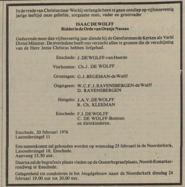 Lasondersingel 11 Isaac de Wolff overlijdensadvertentie Nederlands dagblad Gereformeerd gezinsblad 21-2-1976.jpg