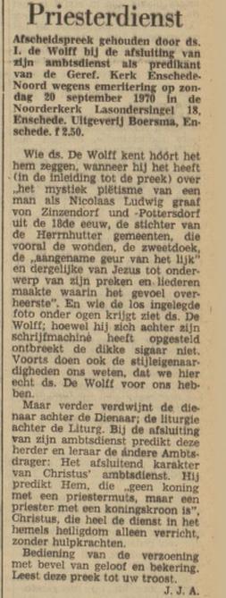 Lasondersingel 18 Ds. I. de Wolff krantenbericht Gereformeerd gezinsblad 26-10-1970.jpg