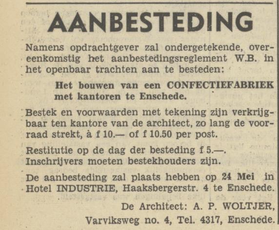 Varviksweg 4 A.P. Woltjer architect advertentie Tubantia 12-5-1950.jpg