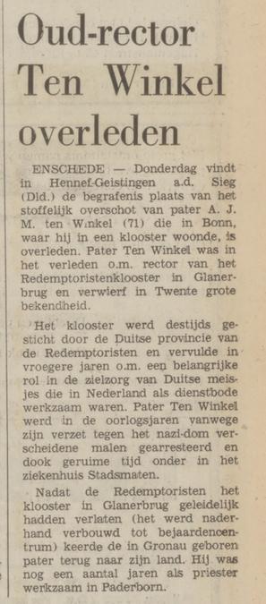 Pater A.J.M. ten Winkel oud recor Redemptoristenklooster Glanerbrug overleden. krantenbericht Tubantia 12-11-974.jpg