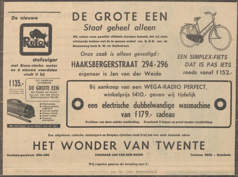 Haaksbergerstraat 294-296 De Grote Een Het Wonder van Twente eigenaar Jan van der Weide advertentie Tubantia 6-5-1955.jpg