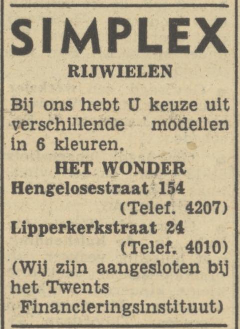 Lipperkerkstraat 24 Het Wonder advertentie Tubantia 25-3-1950.jpg