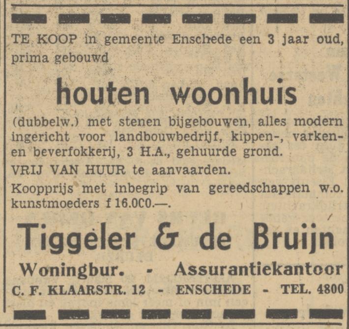 C.F. Klaarstraat 12 Tiggeler & de Bruijn Woningbureau en Assurantiekantoor advertentie Tubantia 13-5-1949.jpg