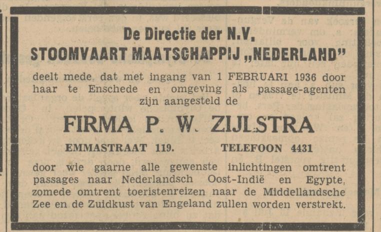 Emmastraat 119 N.V. Stoomvaart Maatschappij Nederland Firma P.W. Zijlstra advertentie Tubantia 1-2-1936.jpg