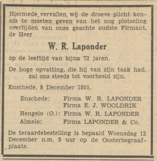 Firma E.J. Wooldrik Firma W.R. Laponder advertentie Tubantia 10-12-1951.jpg