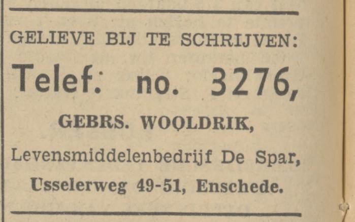 Usselerweg 49-51 Gebrs. Wooldrik Levensmiddelenbedrijf De Spar advertentie Tubantia 27-2-1937.jpg