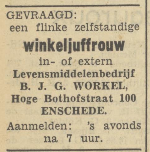 Hoge Bothofstraat 100 B.J.G. Workel levensmiddelenbedrijf advertentie Tubantia 21-6-1950.jpg