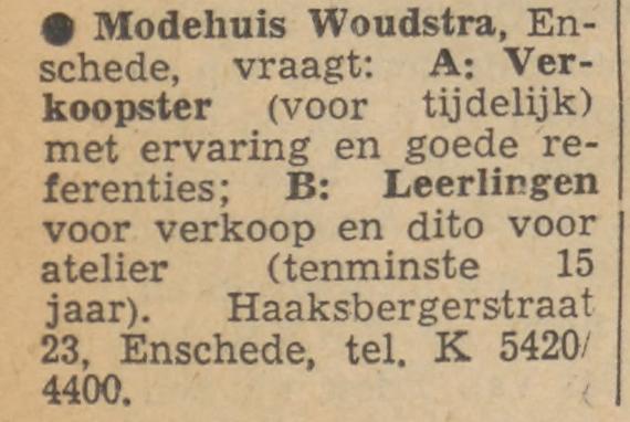 Haaksbergerstraat 23 Modehuis Woudstra advertentie Tubantia 28-2-1956.jpg