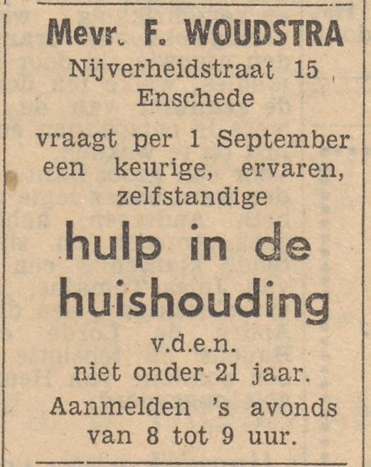 Nijverheidstraat 15 Mevr. F. Woudstra advertentie Tubantia 11-7-1958.jpg