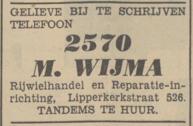 Lipperkerkstraat 526 Rijwielhandel en Reparatie-inrichting M. Wijma advertentie Tubantia 1-5-1937.jpg