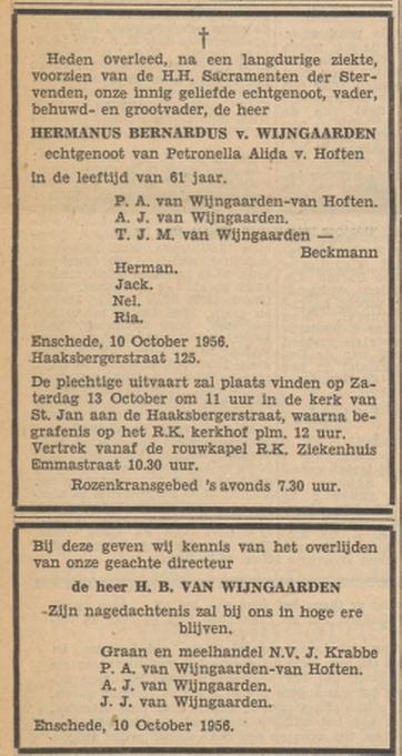 Haaksbergerstraat 125 H.B. van Wijngaarden overlijdensadvertentie Tubantia 110-10-1956.jpg