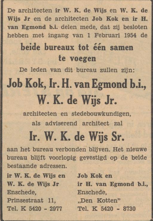 Prinsestraat 11 Ir. W.K. de Wijs & W.K. de Wijs Jr. Architecten advertentie Tubantia 1-2-1954.jpg