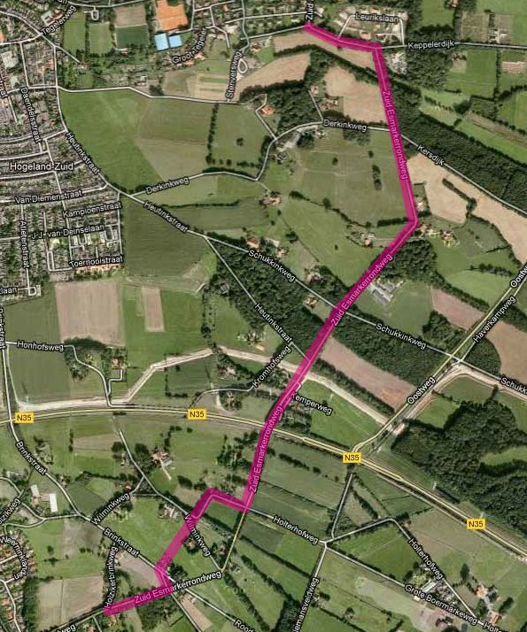 Het College van B&amp;W wil nog dit jaar beginnen met de aanleg van een fietspad langs de Zuid Esmarkerrondweg. Het gaat dan om het noordelijke deel, tussen de Stenversweg en de Derkinkweg.<br /> De geplande route zie je op het plaatje