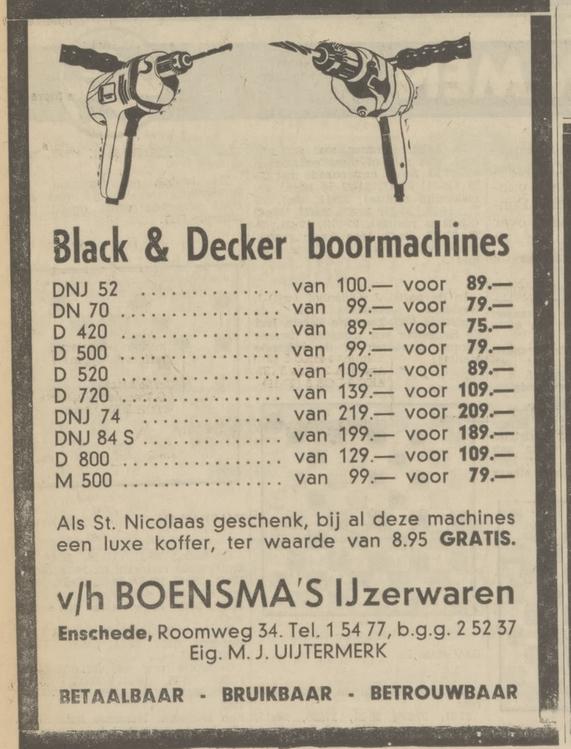 Roomweg 34 M.J. Uijtermerk v.h. Boensma's IJzerwaren advertentie Tubantia 26-11-1971.jpg