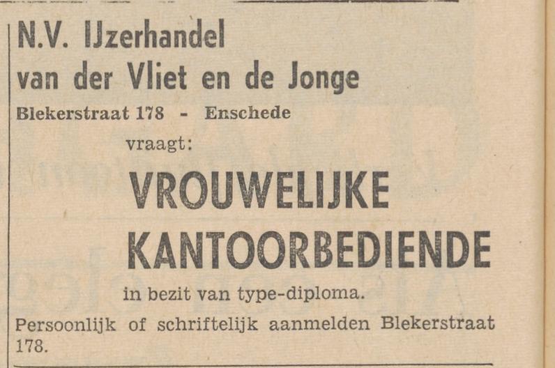 Blekerstraat 178 N.V. IJzerhandel van der Vliet en de Jonge advertentie Tubantia 27-9-1961.jpg