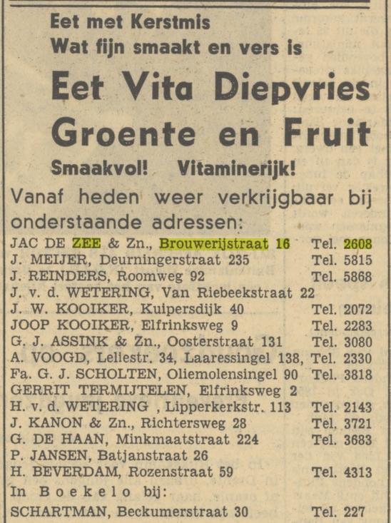 Brouwerijstraat 16 Jac. de Zee groente en fruit advertentie Tubantia 22-12-1949.jpg