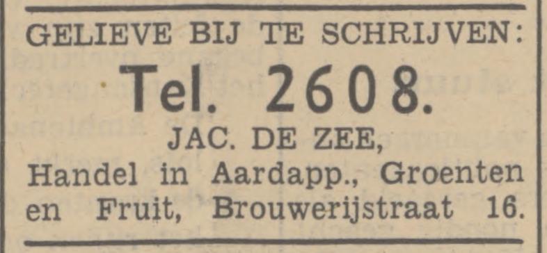 Brouwerijstraat 16 Jac. de Zee Handel in aardapp., groenten en fruit advertentie Tubantia 6-4-1938.jpg