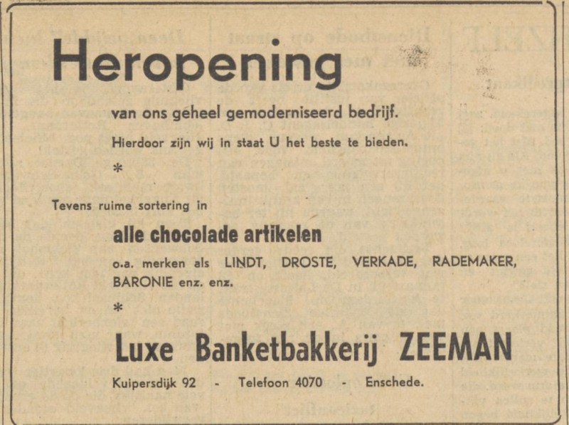 Kuipersdijk 92 banketbakkerij Zeeman advertentie Tubantia 8-9-1956.jpg
