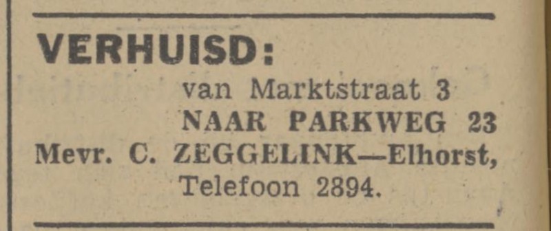 Parkweg 23 Mevr. C. Zeggelink-Elhorst advertentie Tubantia 4-10-1940.jpg