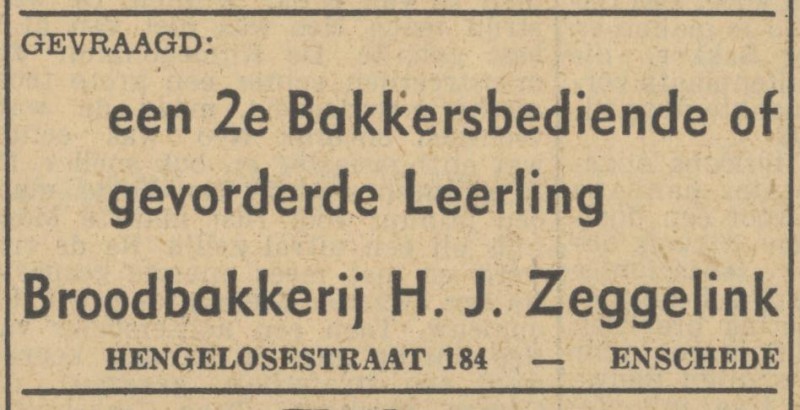 Hengelosestraat 184 H.J. Zeggelink broodbakkerij advertentie Tubantia 9-5-1949.jpg