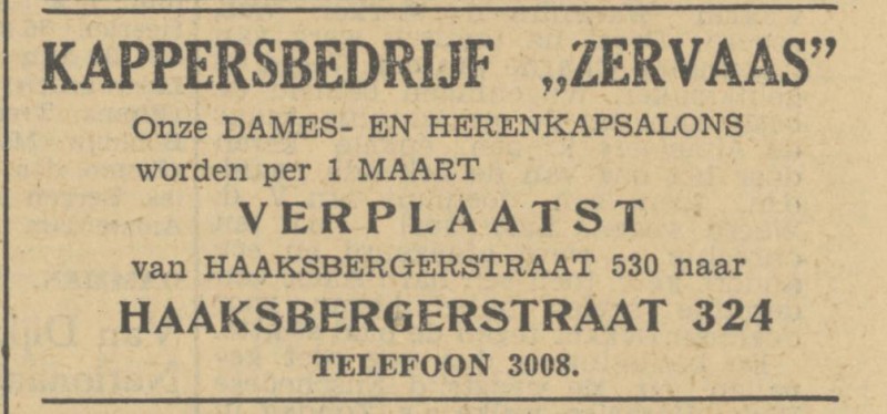 Haaksbergerstraat 324 kappersbedrijf Zervaas advertentie Tubantia 27-2-1950.jpg