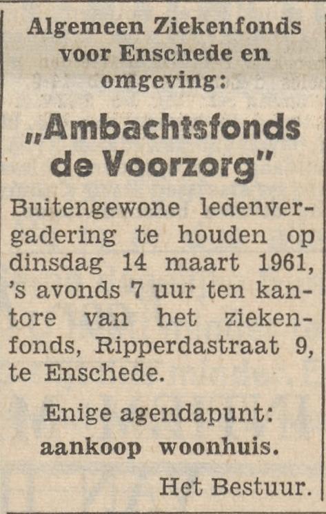 Ripperdastraat 9 Algemeen Ziekenfonds voor Enschede en omgeving Ambachtsfonds De Voorzorg advertentie Tubantia 8-3-1961.jpg