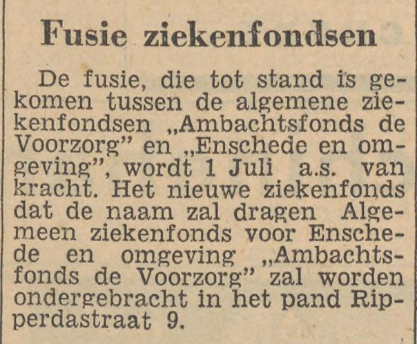 Ripperdastraat 9 Algemeen Ziekenfonds voor Enschede en omgeving Ambachtsfonds De Voorzorg krantenbericht Tubantia 25-6-1955.jpg